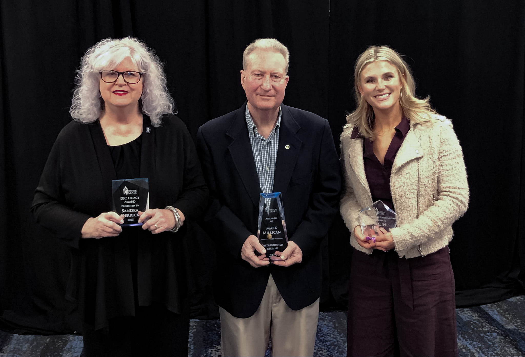 Sandra Whaley Derrick (left), Mark Millican (center) and Caroline Frost were recognized as the inaugural Alumni Association Awards recipients during a celebration on February 22 that was part of the college’s annual homecoming festivities.